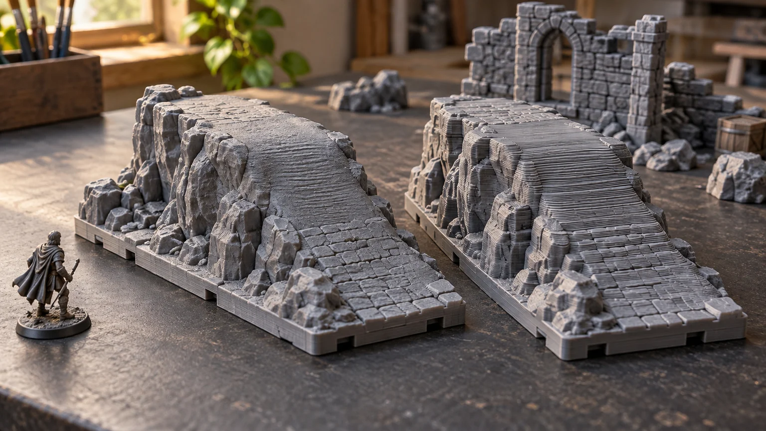 Two gray FDM-printed modular stone ramp terrain pieces with visible horizontal layer lines sit on a dark worktable beside a small fantasy miniature, with a ruined stone arch behind them.