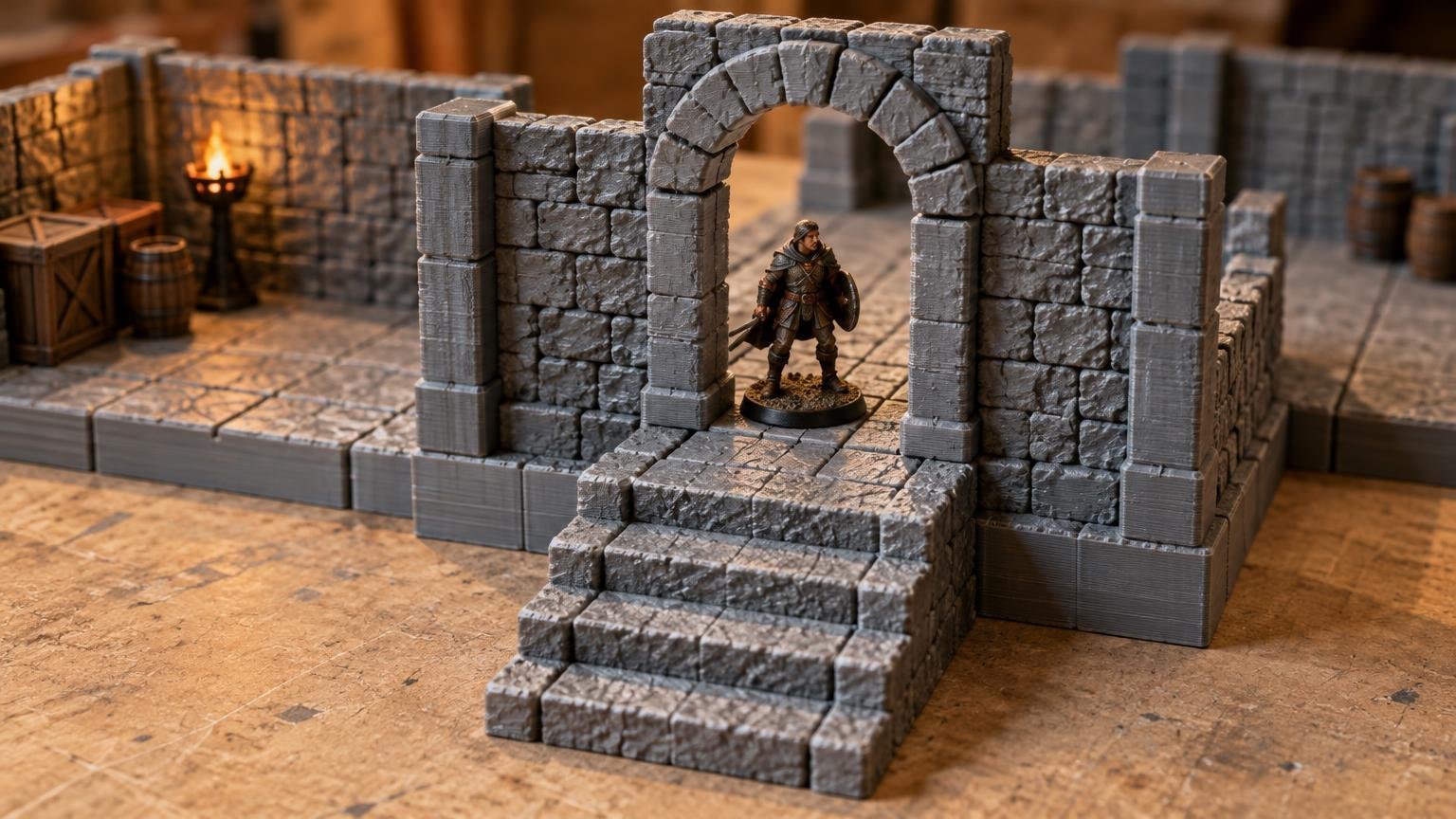 Gray FDM-printed modular stone dungeon doorway with an arched opening, stepped entrance, tiled floor, and a small armored fantasy miniature standing beneath the arch on a wooden tabletop.