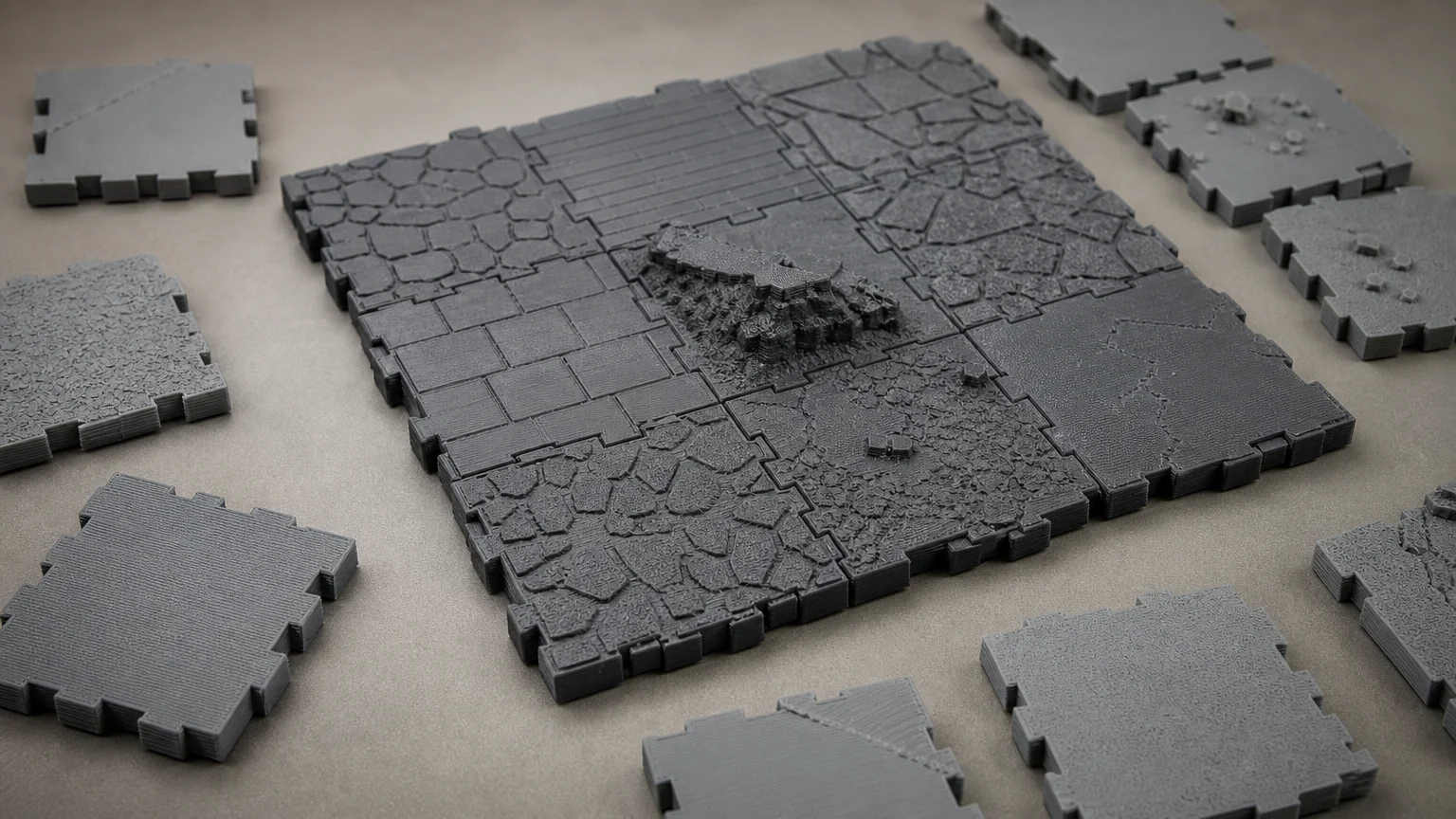 A tabletop scene featuring interconnected modular plastic terrain tiles with various surface textures, including cobblestone, cracked earth, and a raised rocky feature. The tiles have visible 3D-printed layer lines and snap-fit edges, arranged neatly on a neutral background.
