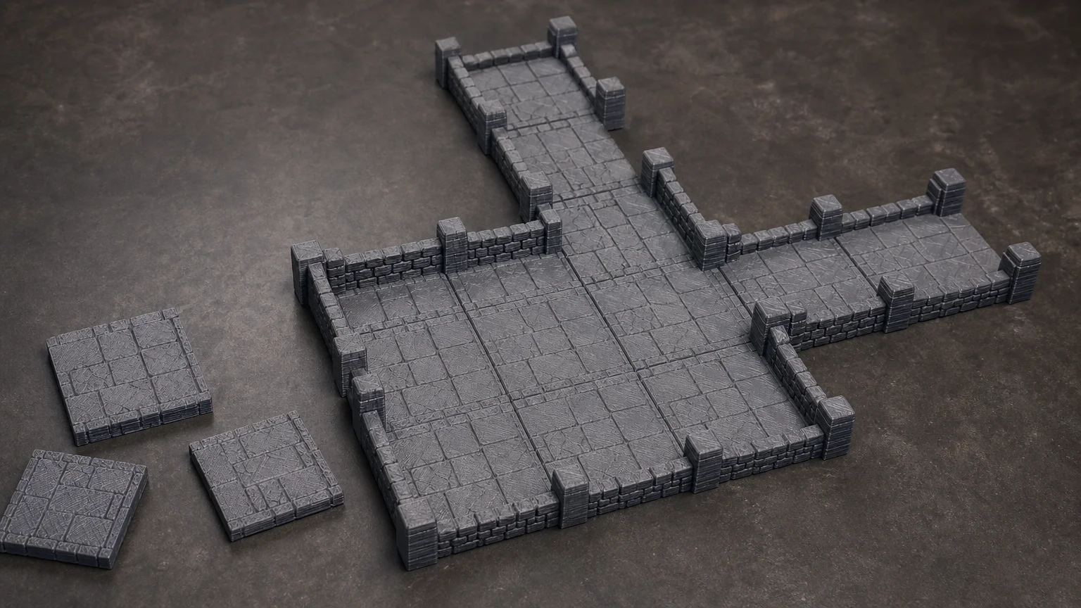 A tabletop scene shows modular dungeon floor tiles with stone textures assembled into an intersection, surrounded by a few unattached tiles. The tiles are gray and display visible 3D-printed layer lines, mimicking a classic dungeon setting on a dark surface.