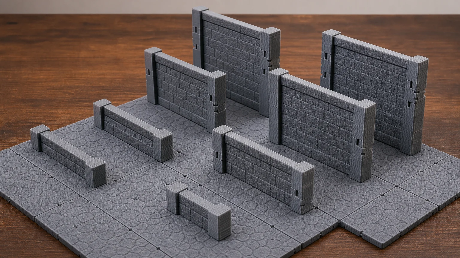 A tabletop scene featuring several gray, modular 3D printed dungeon walls of varying heights and lengths arranged on textured, interlocking stone-patterned floor tiles. The pieces show visible layer lines typical of FDM printing.