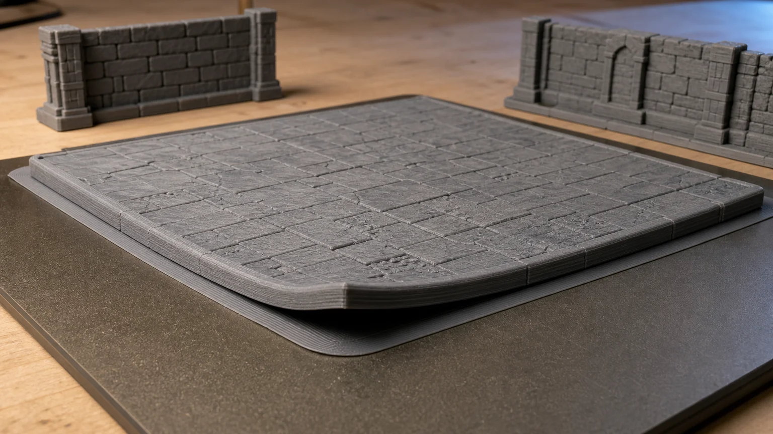 Gray 3D-printed modular dungeon floor tile with visible layer lines and a noticeably curled front edge lifting from a dark printer bed, with matching stone wall pieces behind it.