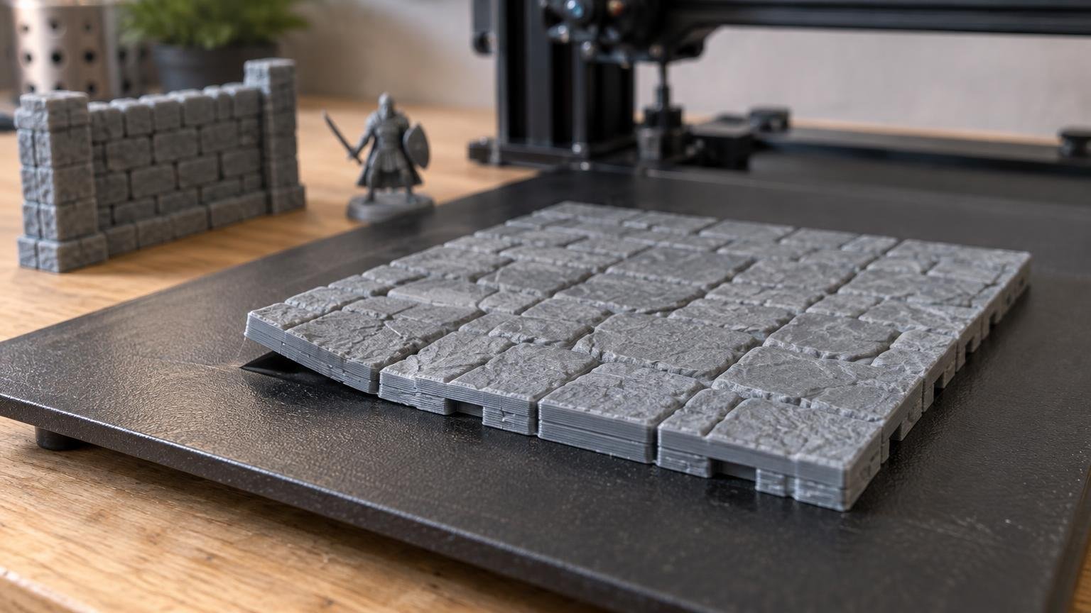 Gray FDM-printed stone floor terrain tiles on a black 3D-printer build plate, with several front corners visibly curled upward; a matching wall section and small fantasy-style miniature sit behind them.