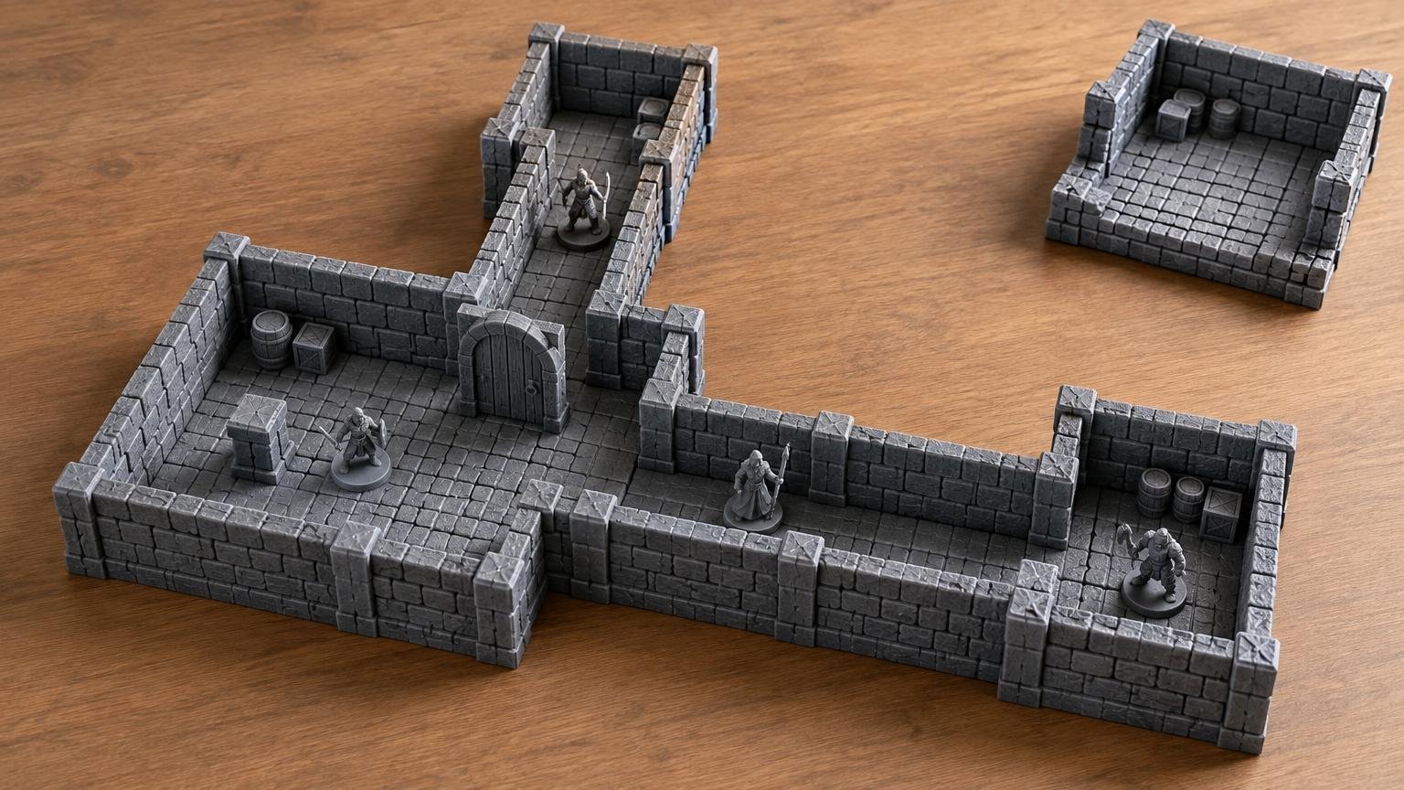 Gray modular stone dungeon rooms, corridors, doors, barrels, and small fantasy miniatures arranged across a wooden tabletop.