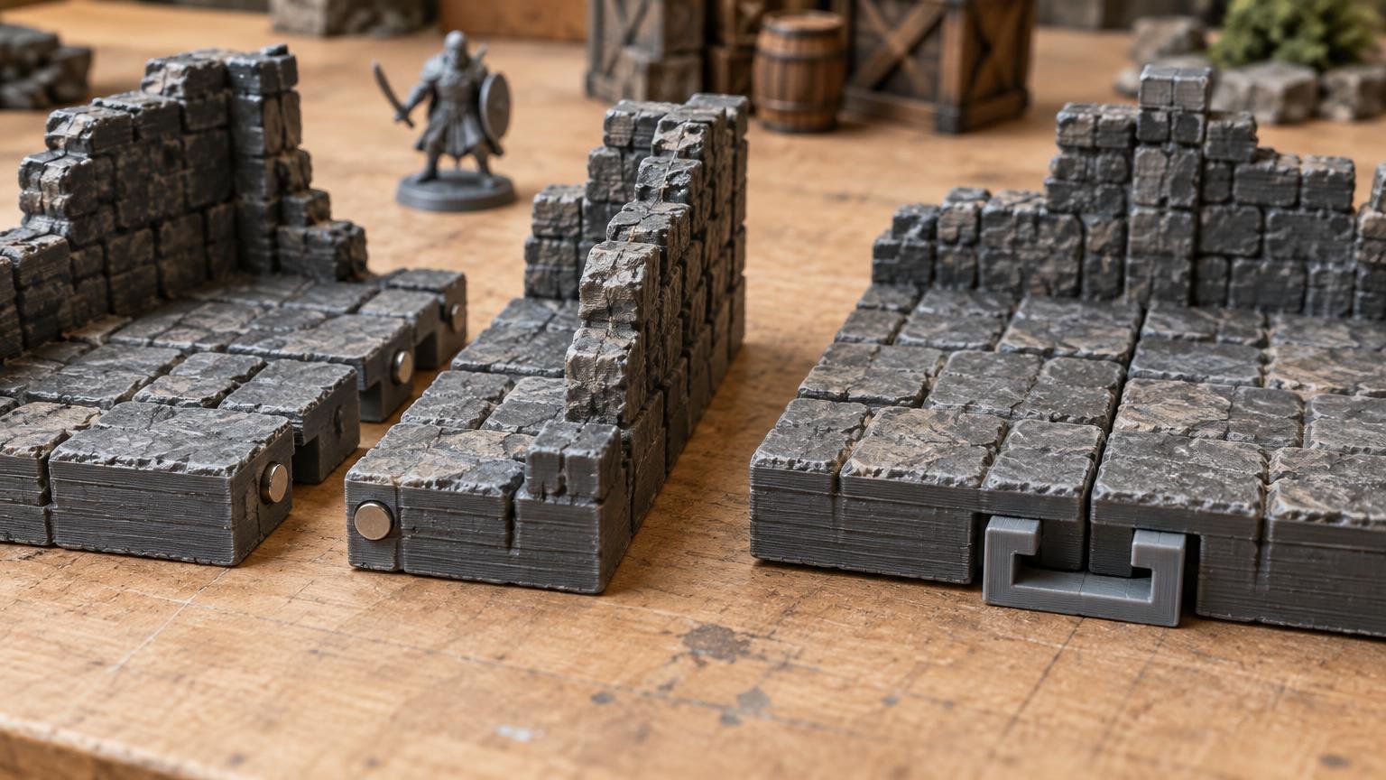 Close-up of gray FDM-printed modular stone dungeon floors and walls on a worn wooden worktable, with exposed round magnets on several tile edges and a U-shaped plastic clip joining two tiles in the foreground; a small armored fantasy miniature stands blurred behind the terrain.