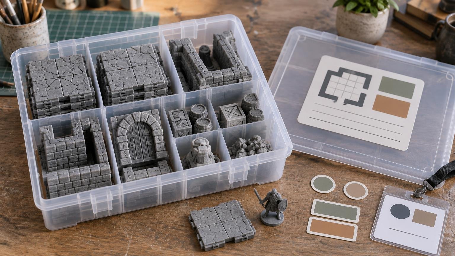 Open clear plastic organizer filled with gray modular fantasy terrain tiles, walls, doors, crates, barrels, and rubble on a wooden craft table, with blank-looking colored label stickers and a small miniature nearby.